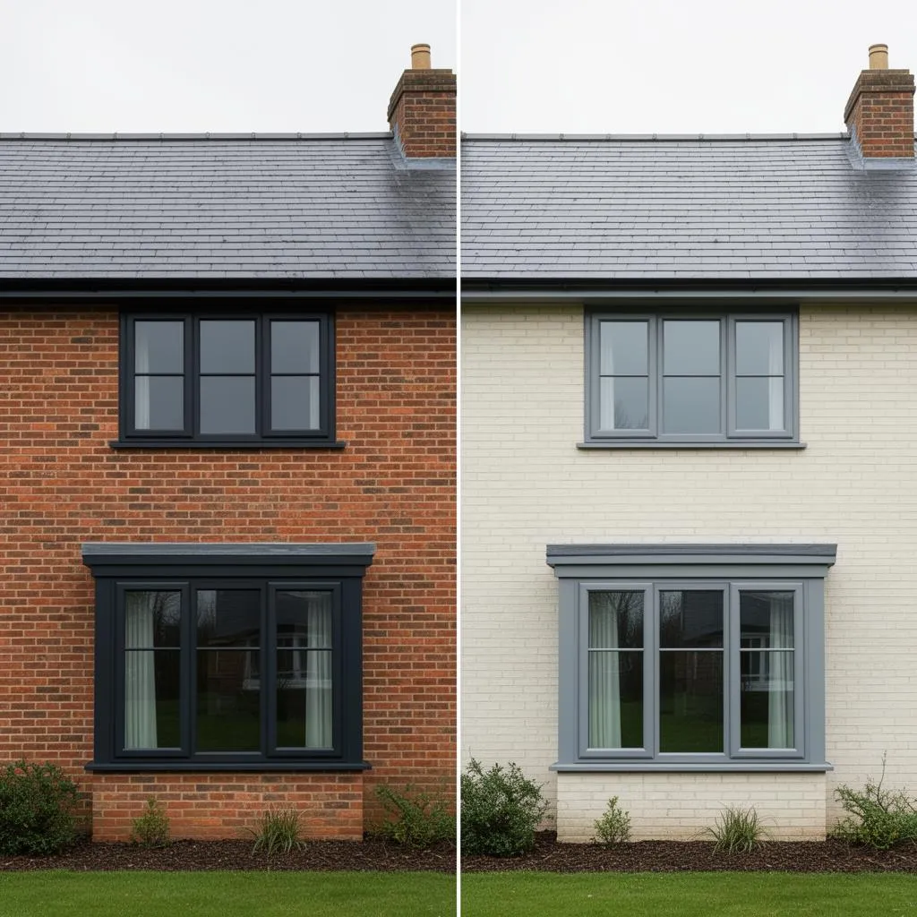 Side-by-side comparison of Anthracite Grey and Agate Grey uPVC windows on different brick types