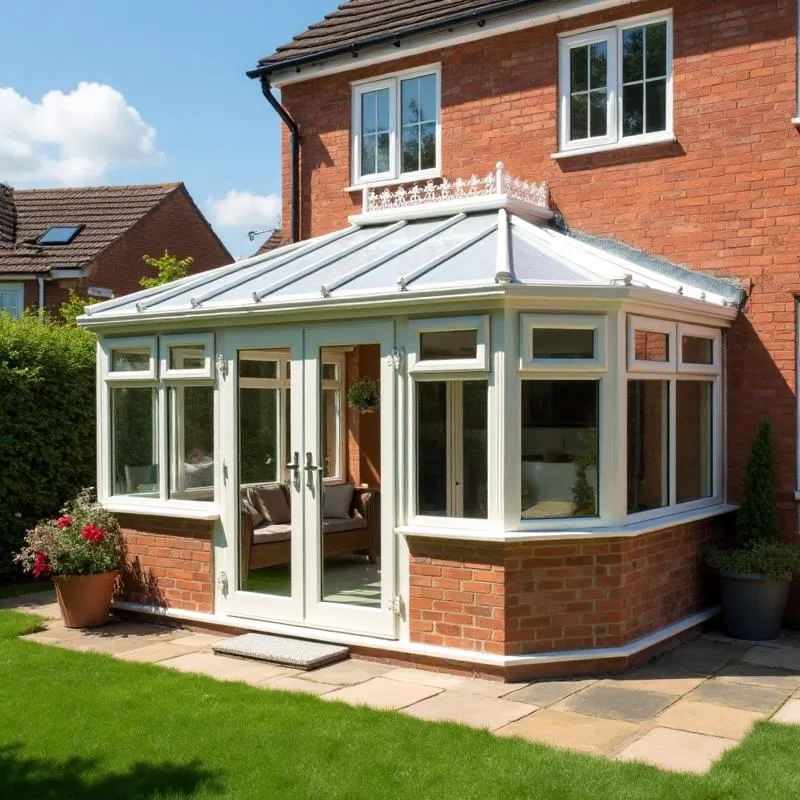 Freshly sprayed cream white conservatory on a British brick home - Spray Genius Birmingham