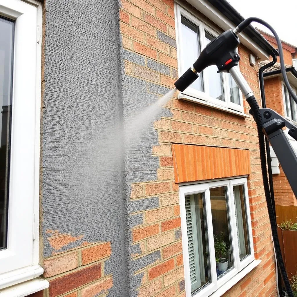Exterior brick wall being spray coated with breathable masonry coating - showing transformation from orange brick to grey