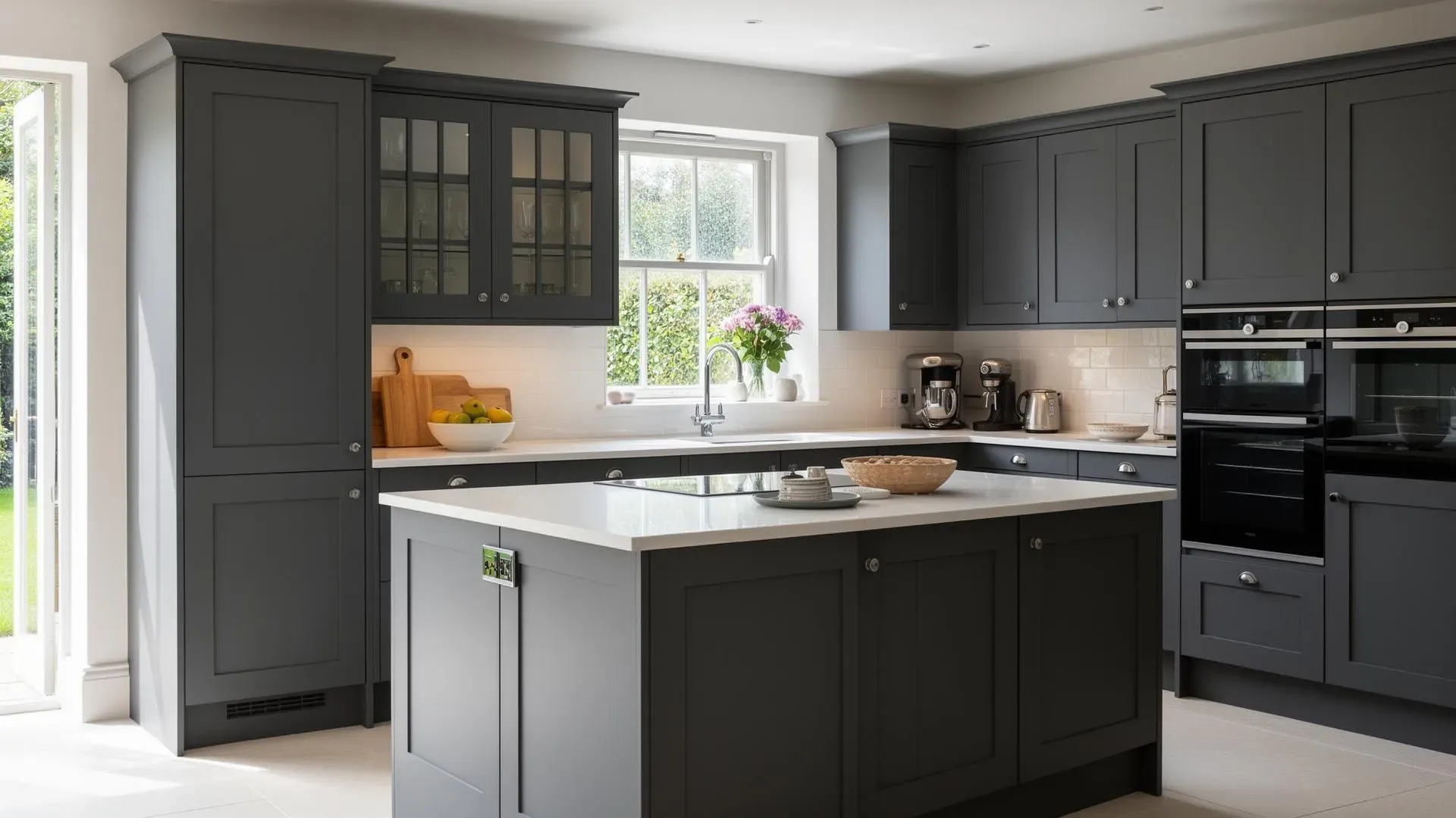 A professionally sprayed kitchen with a smooth grey finish and modern handles in a Birmingham home