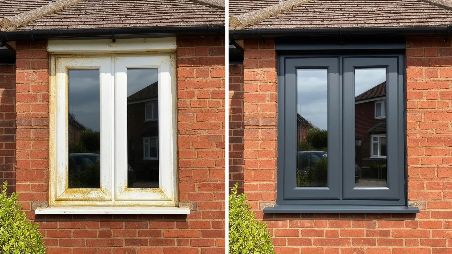 Before and after comparison of a tired white uPVC window next to a freshly sprayed anthracite grey uPVC window on a Birmingham red-brick home