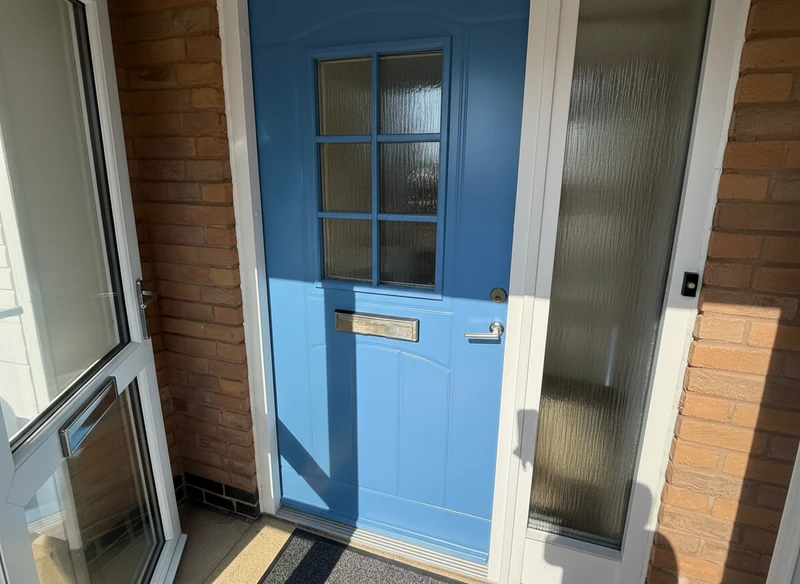 Blue front door with glass panels - professional door respray