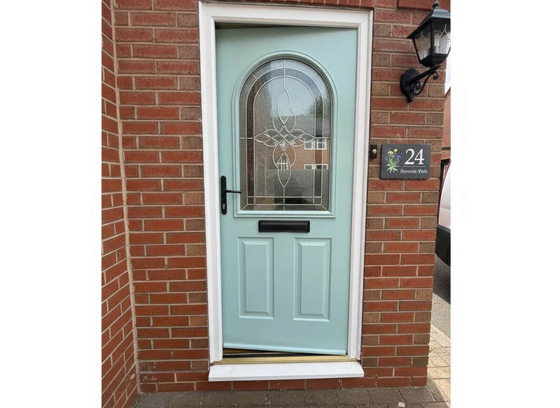 Mint green front door with arched stained glass window - door respray