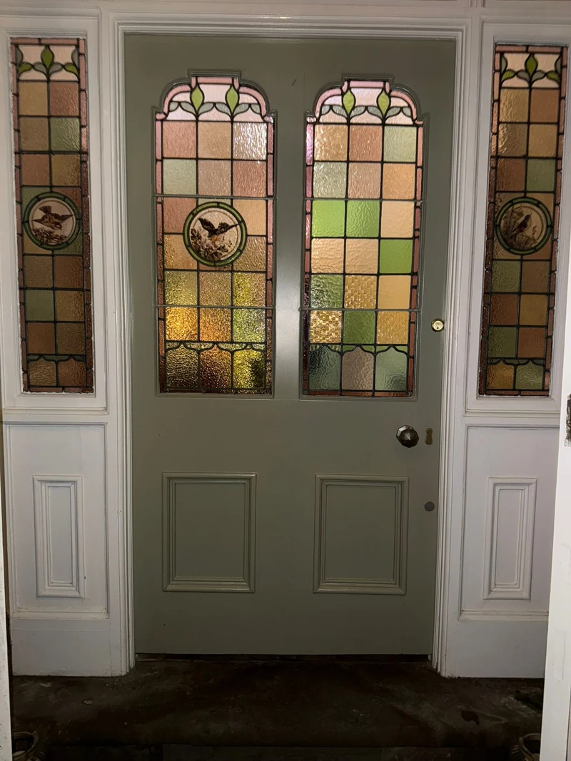 Sage green door with stained glass - bespoke door respray