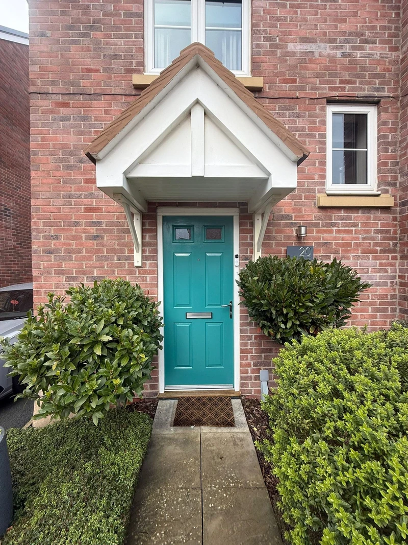 Teal front door respray with white canopy by Spray Genius in Harborne, Birmingham