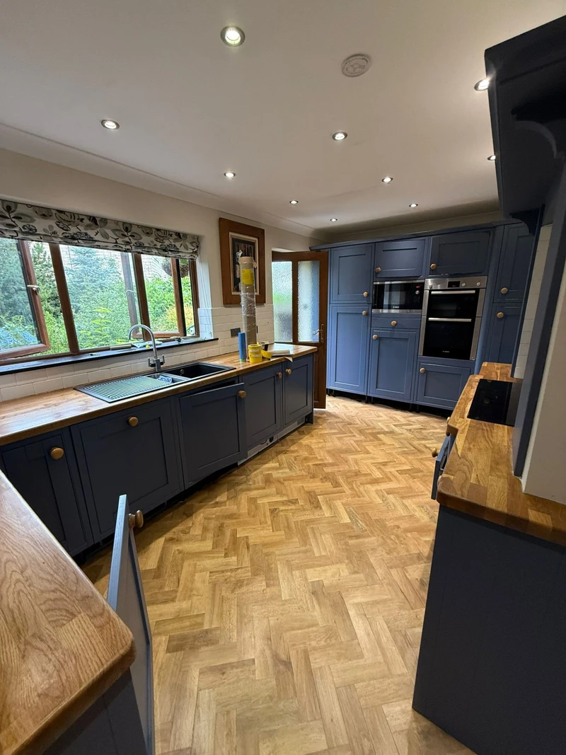 Navy herringbone kitchen cabinet respray by Spray Genius Birmingham