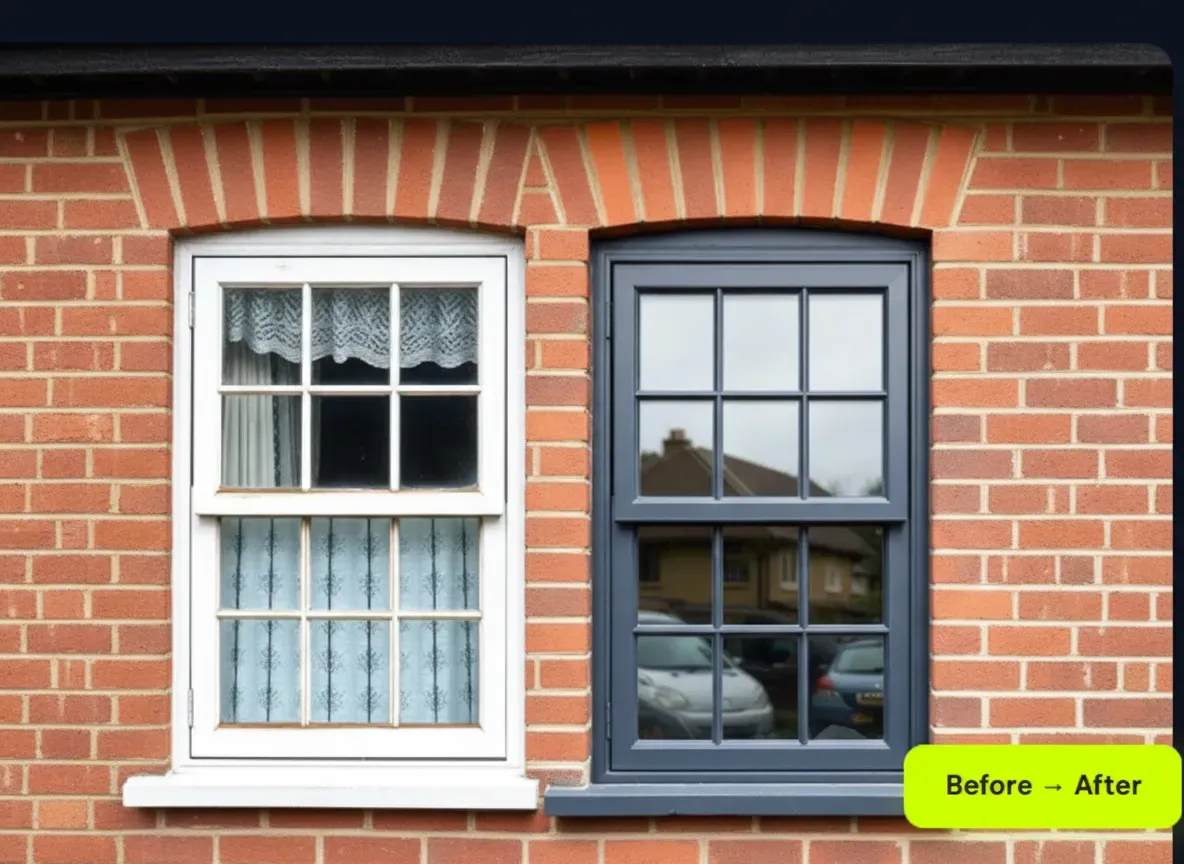 Before and after uPVC window spraying on a bay window in Birmingham, showing the transformation from white to anthracite grey